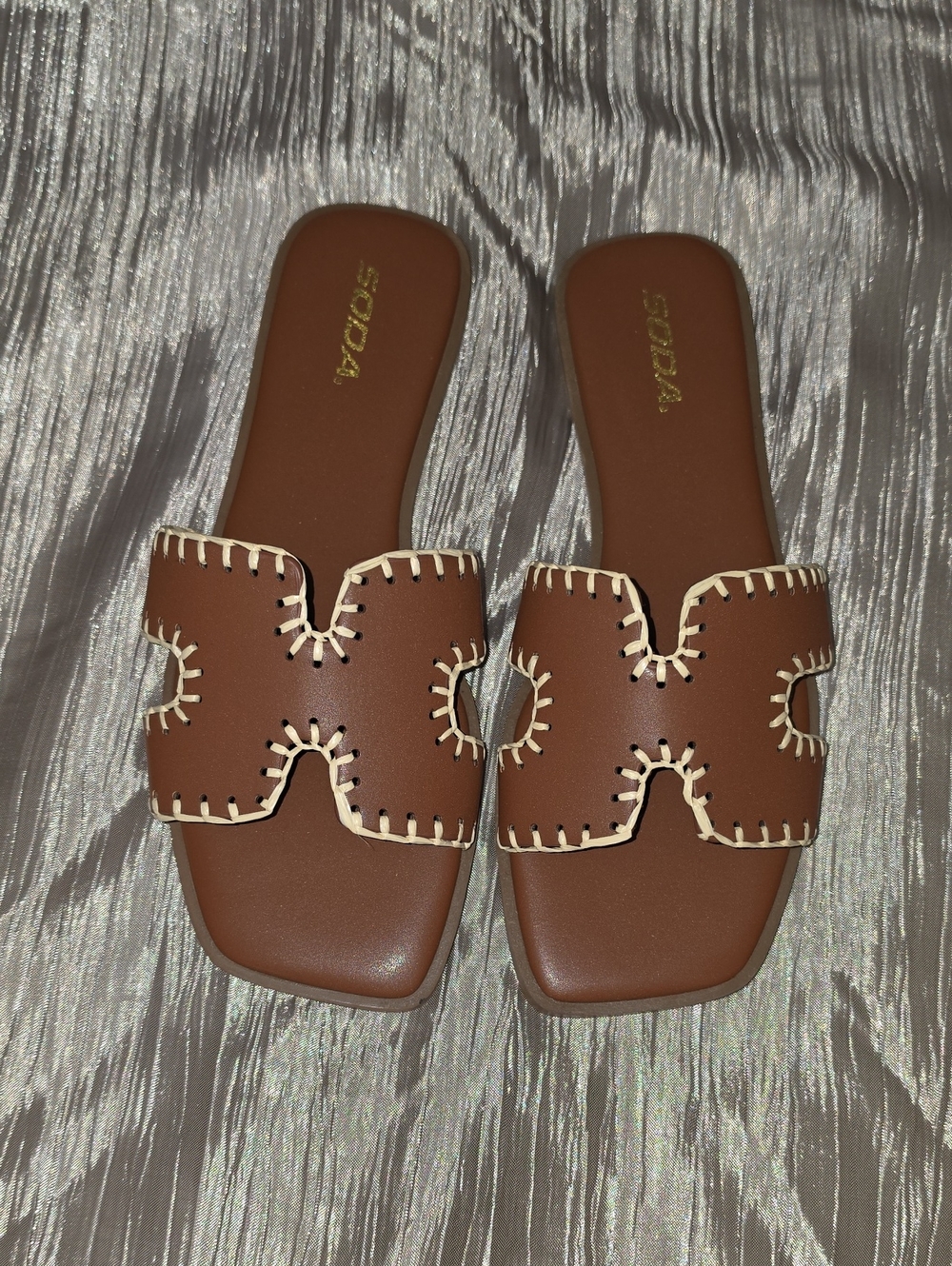 Soda Brown Slide Sandals with Cream Contrast Stitching
